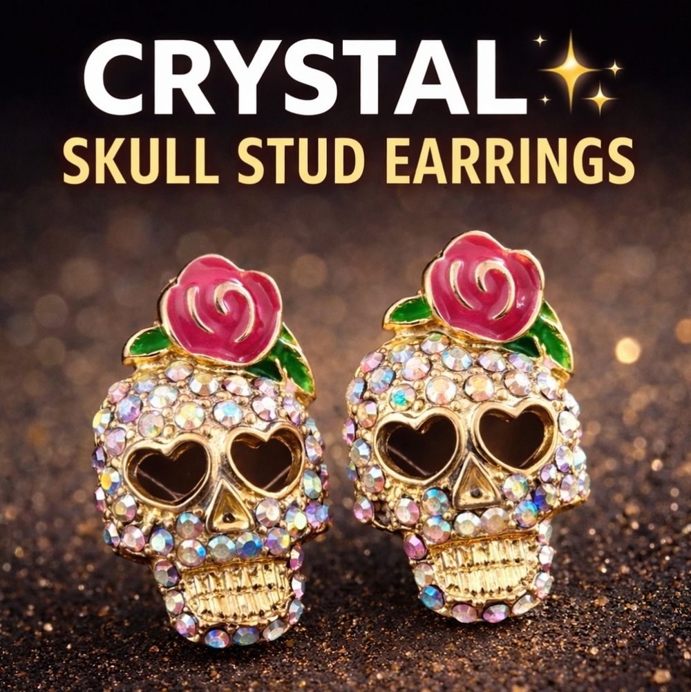 💀✨ Y2K Crystal Skull Stud Earrings – Pink Rose - Picture 5 of 5